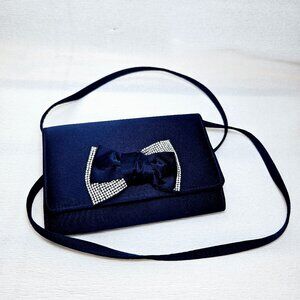 Nina Navy Blue Satin Rhinestone Bow Evening Bag Hot Pink Lining